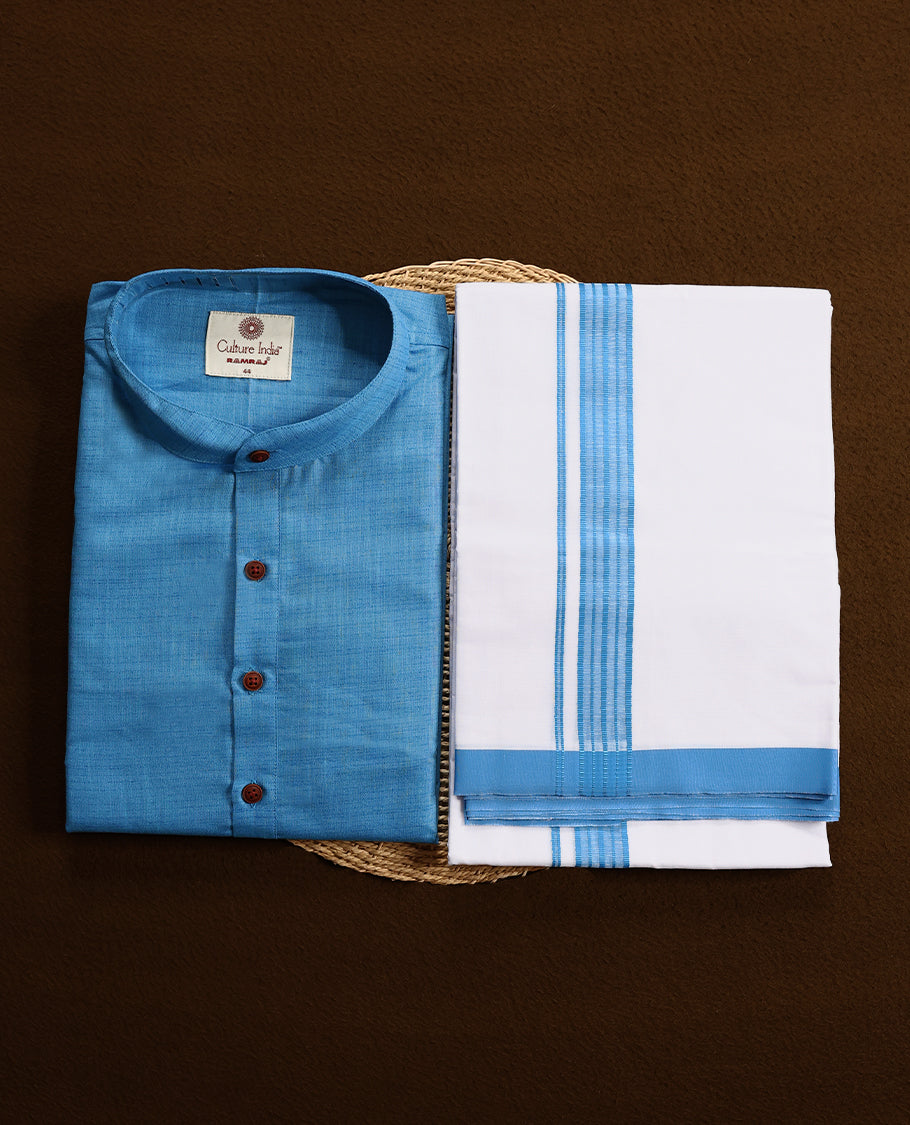 RAMRAJ Light Blue kurtha paired with a white dhoti, elegantly finished with a matching Blue border.