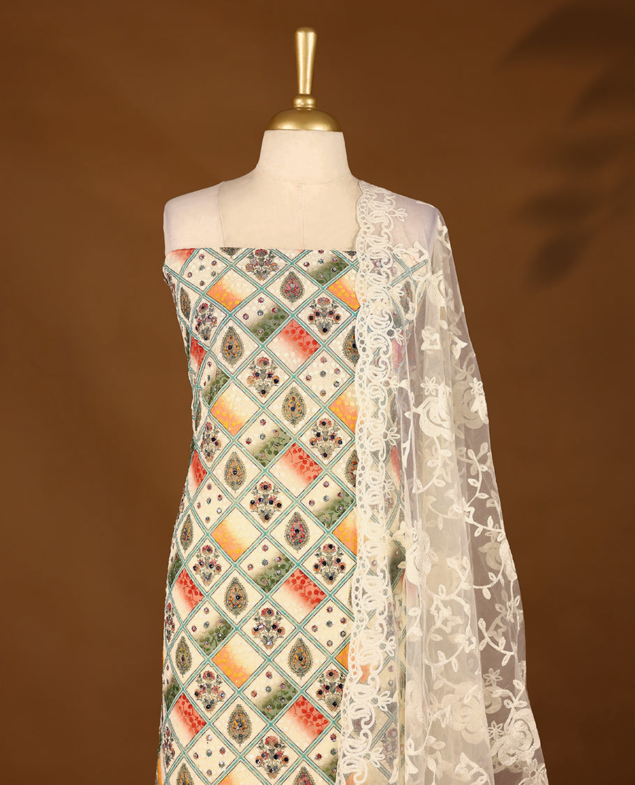 Cream Colour, Mirror Worked Top having Multi Colour Prints & Orange Border with Bottom and Thread Worked Dupatta