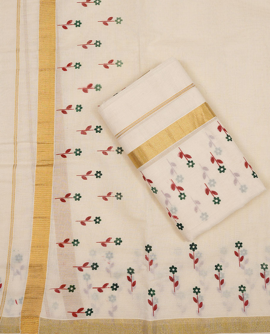 Off white colour Cotton Set Mund featuring a plain body, enhanced by a Floral Print on border.