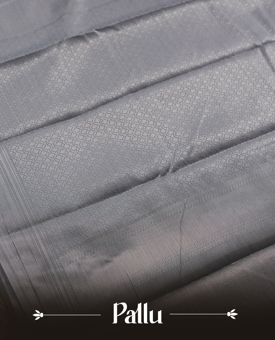 Slate gray colour semi silk saree featuring neem zari Brocade Pattern all over the body, complemented by a Self Colour woven border with detailing, Pallu & blouse.