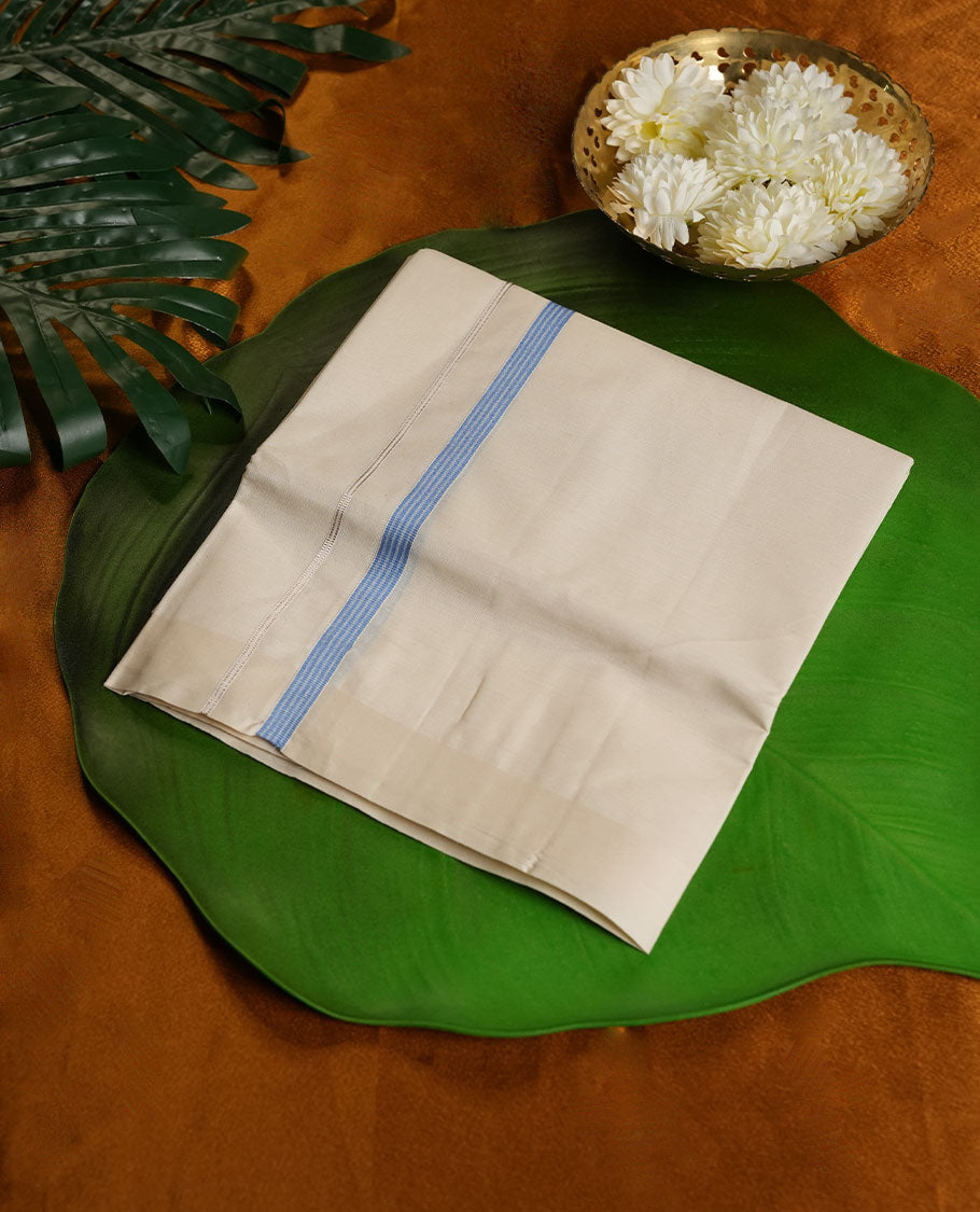 Cream Colour Pure Cotton single Dhoti with Blue and silver Colour Border for Men