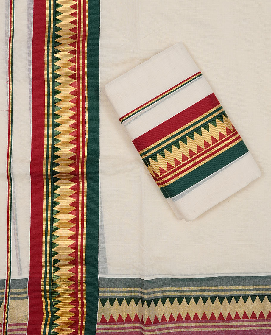 Off white colour Cotton Set Mund featuring a traditional multicolour temple pattern border in green, red and gold zari, enhanced with a thin multicolour striped border.