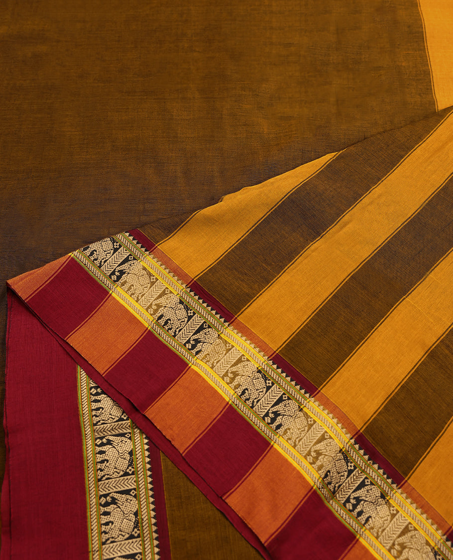 Dark Mustard Colour Mixed Chettinad Cotton Saree having Plain Body with Contrast Border and Self Coloured Blouse