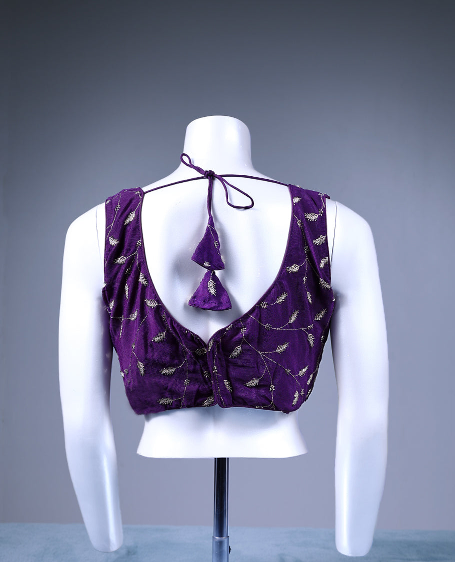 Purple Colour Cut Bead Leaf Like Embroidery V Neck Design Attachable Sleeves Padded Ready Made Blouse.
