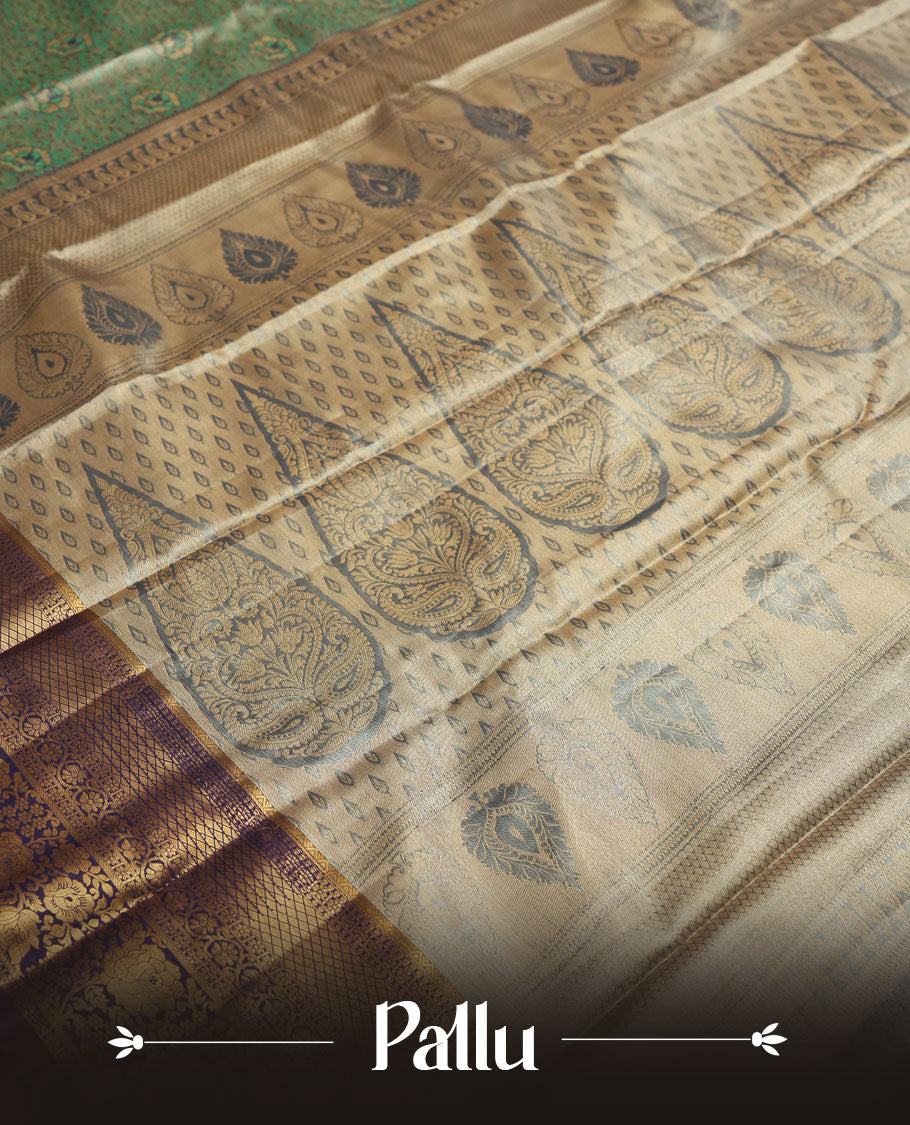 Aqua green colour and antique gold Zari Tissue Brocade Saree features intricate floral Motifs on body and rich Violet colour with traditioal Border & pallu with Gold Zari Patterns paired with matching blouse