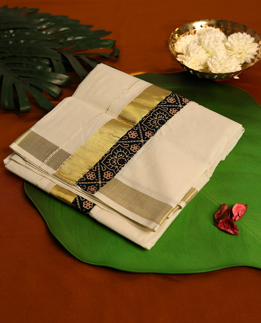 Light ivory Colour cotton double dhoti having Gold with Black Ajrakh kara, crafted for traditional elegance & comfort, for men.