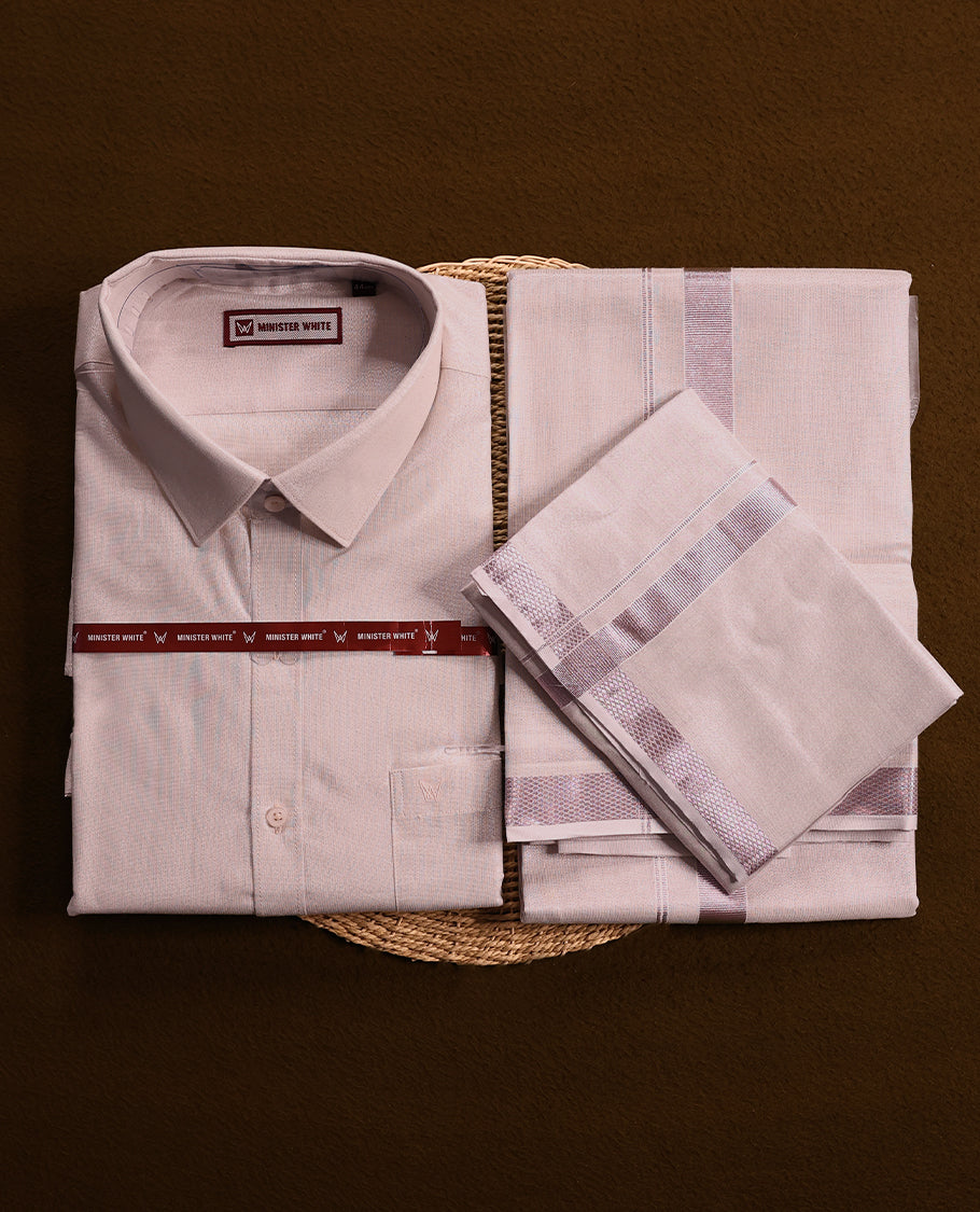 Light Rose tissue wedding shirt and dhoti set from MINISTER WHITE, adorned with a matching Rose zari border.