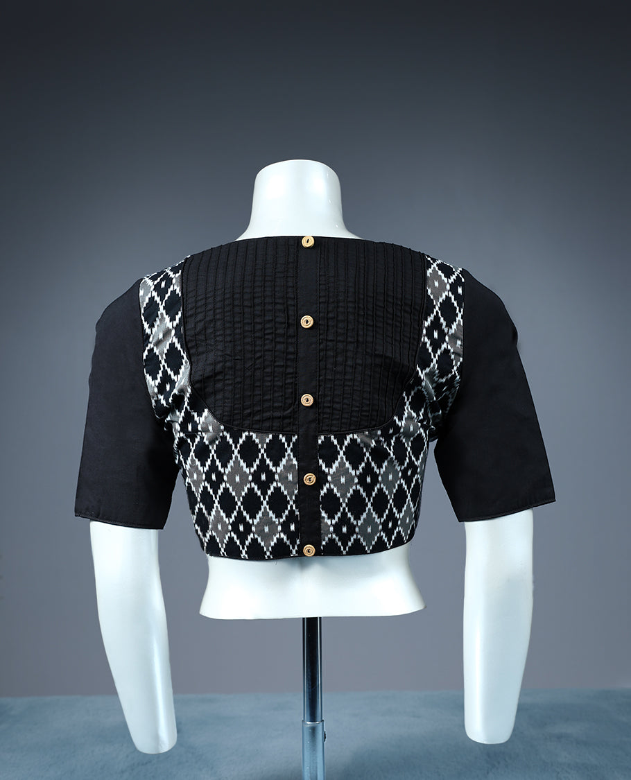 Black and grey colour Pochampally design Round neck 2/4th sleeve padded readymade blouse.