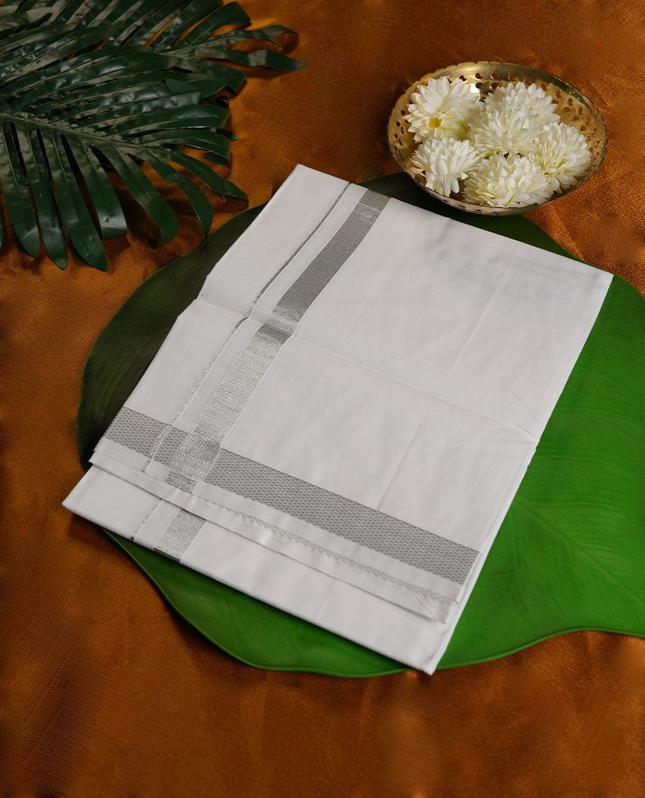 White Colour MCR Pure Cotton single Dhoti with Silver Colour Border for Men