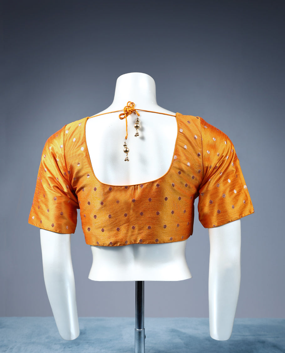 Orange Colour Golden Round Motifs, Round Neck Design, 2/4th Sleeves, Padded, Ready Made Blouse.