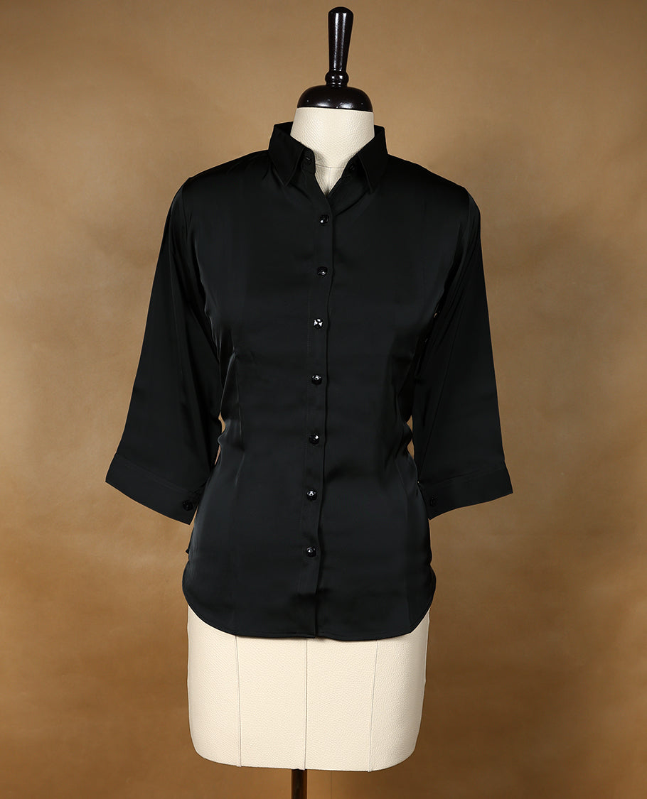 Black Colour Satin Readymade Tunic Shirt For Women with 3/4th Sleeves