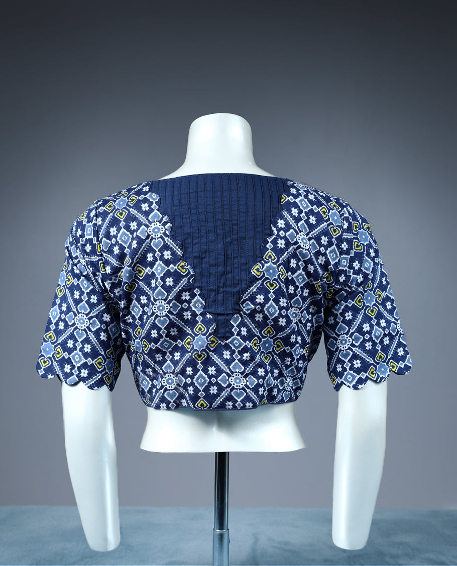 Blue Colour Ajrakh Print, V Neck Design, 2/4th Sleeves, Padded, Ready Made Blouse.