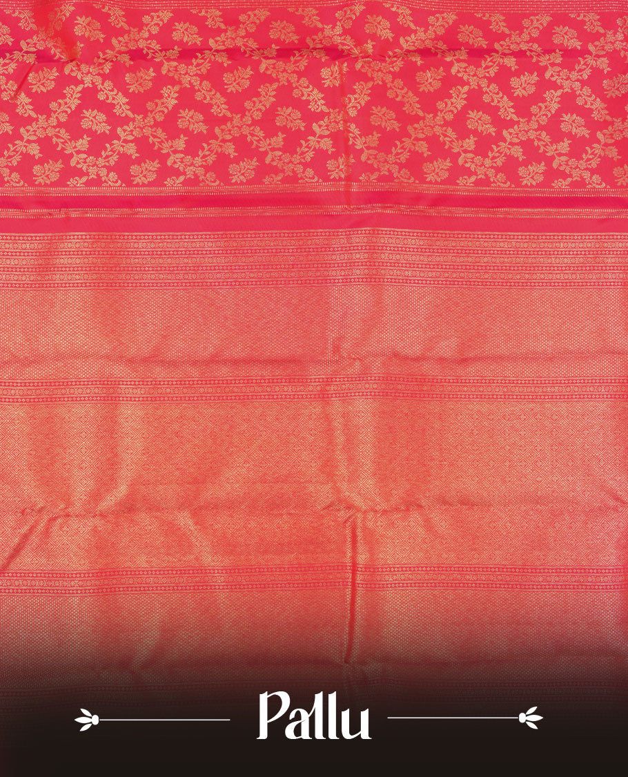 Rani pink colour Kanchipuram pattern Manthrakodi saree adorned with geometrical vertical lines with small diamond motifs and banarasi floral weaving on the body, edge to edge zari border and self jacquard blouse piece.