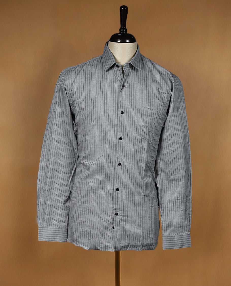 Grey striped cotton formal shirt by Peter England featuring full sleeves, a classic spread collar, and a front button closure crafted for a polished, professional look with all day comfort.
