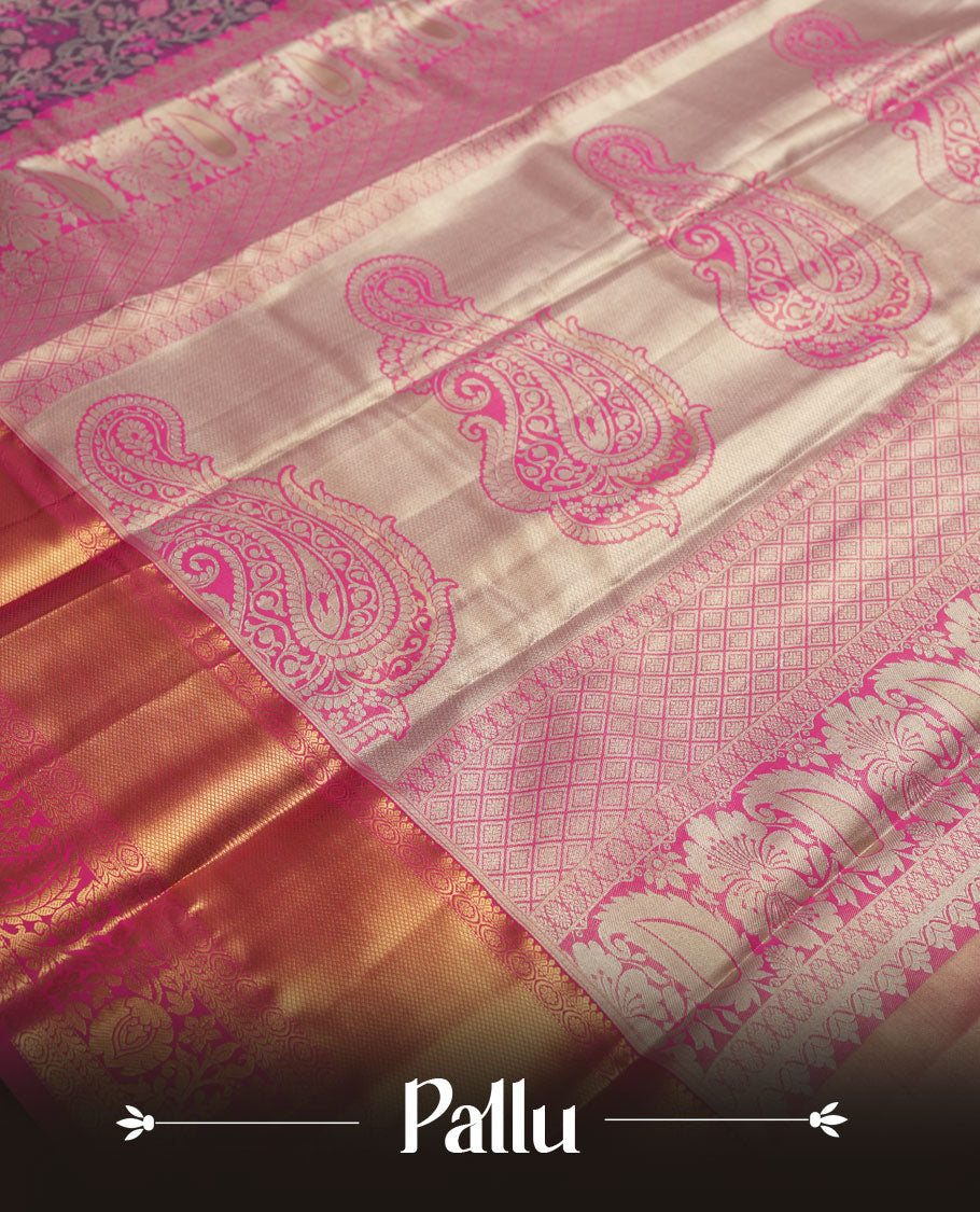 Pastel lavender colour and Antique silver Zari Tissue Brocade Saree features intricate coloured floral Motifs on body and bright pink colour border & pallu with traditional patterns, paired with matching blouse