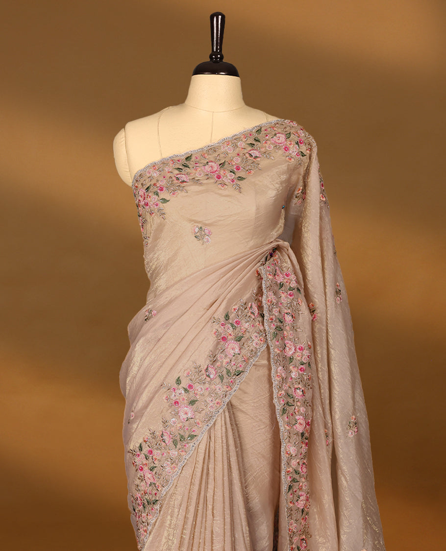 Dusty Rose Crush Soft Silk saree featuring Floral Thread Works on the body, complemented by delicate floral embroidery border and a matching blouse.