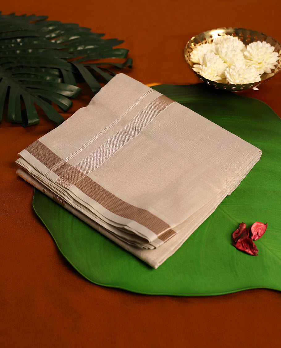 Light Copper Colour Tissue double dhoti with 1 Inch Copper kara, crafted for traditional elegance & comfort, for men.