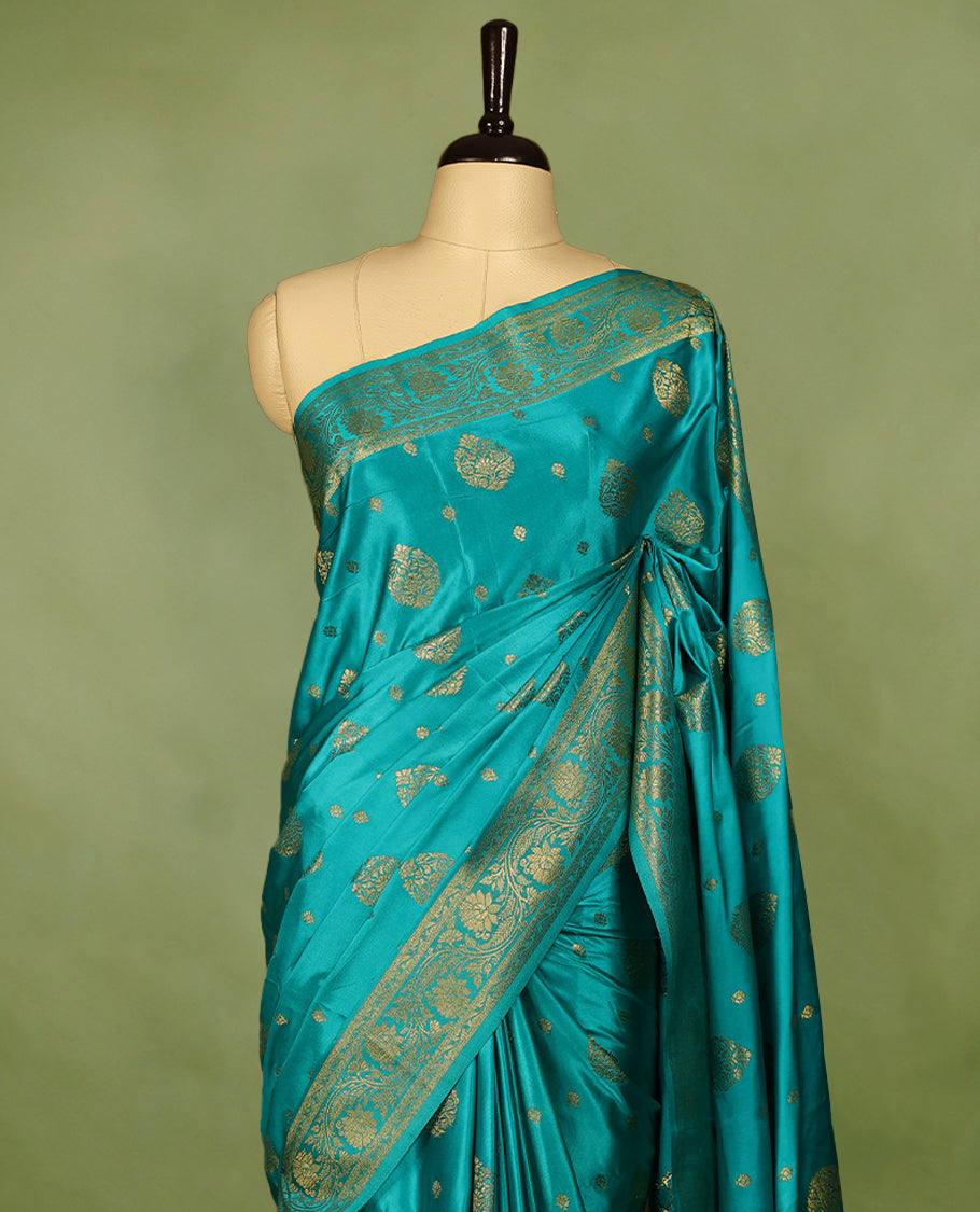Light Blue Colour Semi Banarasi Saree having Golden Buttas in Body with Worked Border and Blouse