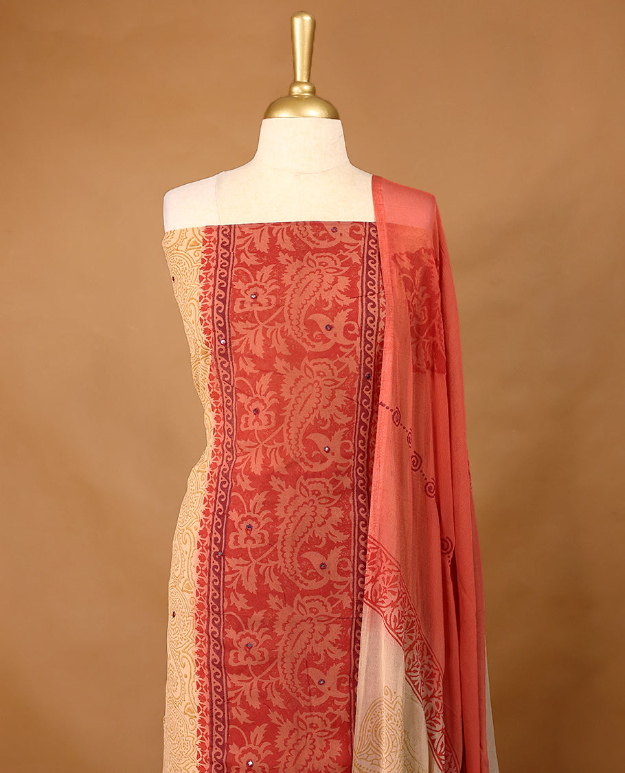 Sandel Colour Georgette Top having Mirror Work with Bottom and Printed Georgette Dupatta