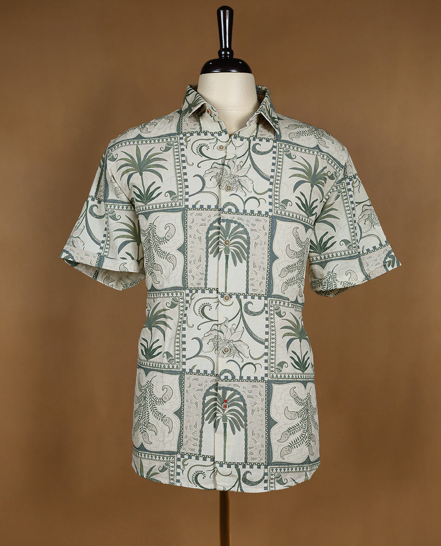 Ivory with Green Colour Printed OCTANE Half Sleeve Slim Fit Shirt for Men