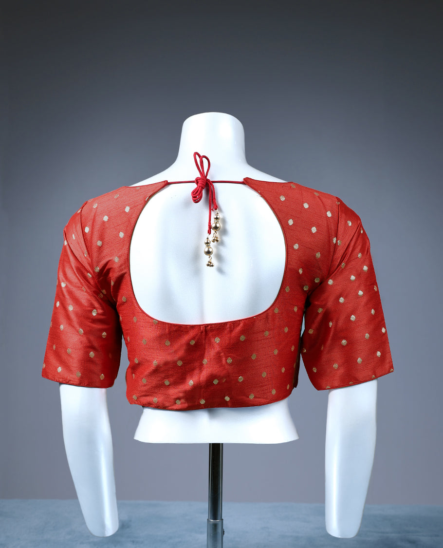 Red Colour Golden Round Motifs, Round neck, 2/4th Sleeves, Padded, Ready Made Blouse.