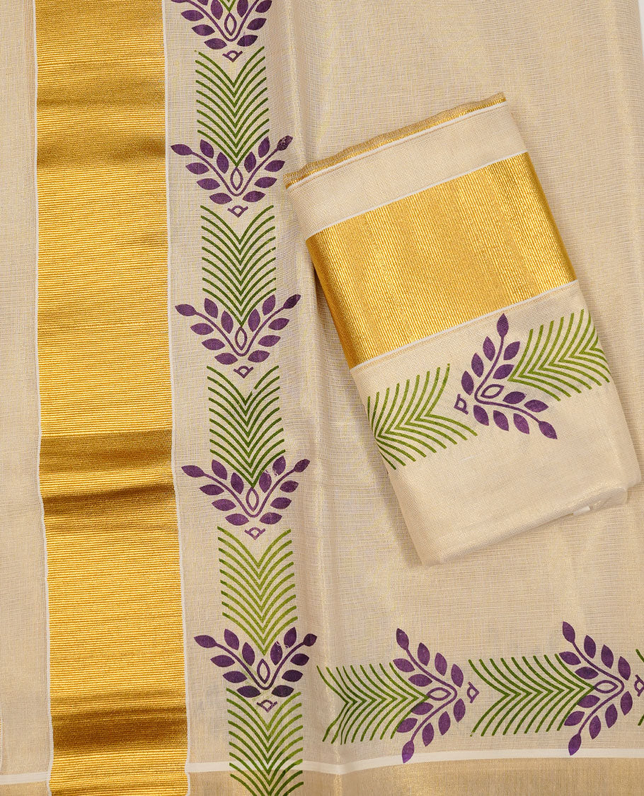 Cream colour Tissue silk set mund Featuring Elegant plain body, Complemented by design print with zari border.
