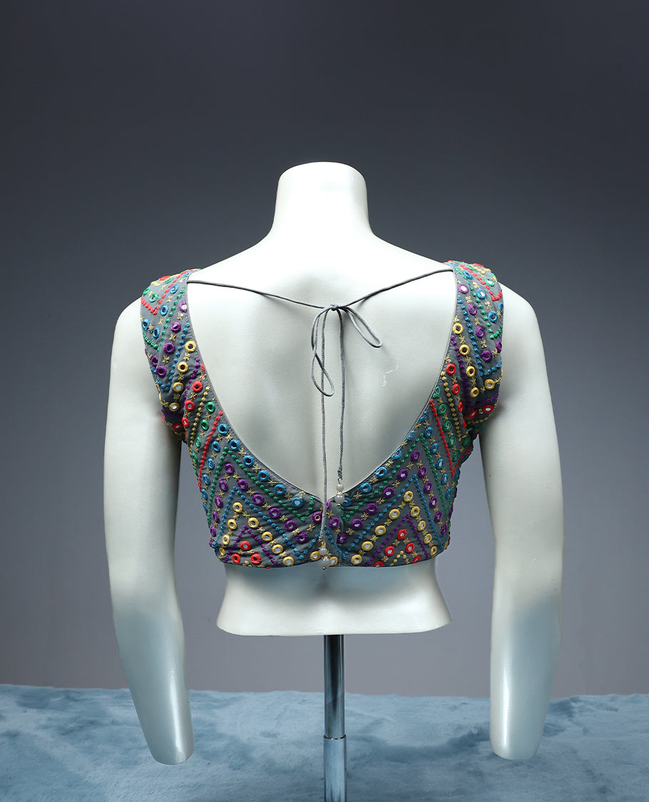 Gray Colour, Contrast Colour Thread and Sequence Work, Curved Neck, Sleeveless, padded, Ready Made Blouse.