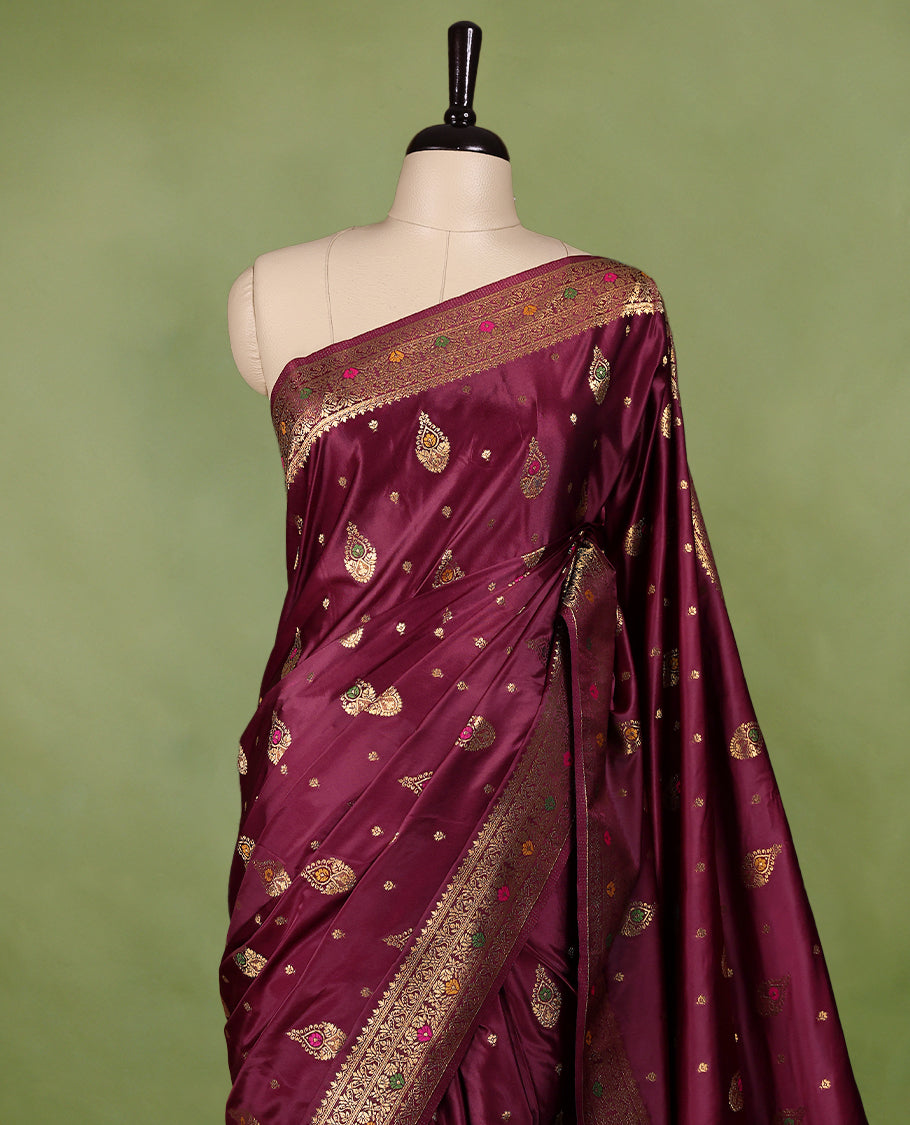 Royal Maroon Colour Semi Banarasi Saree having Golden Buttas in Body with Worked Border and Blouse