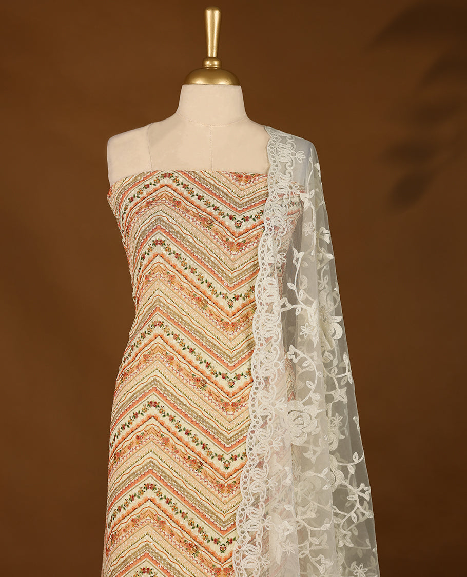 Cream Colour, Thread Worked Top having Orange Colour Prints with Bottom and Thread Worked Dupatta