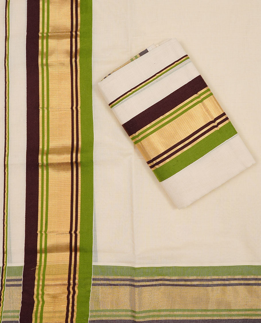 Off white colour Cotton Set Mund featuring a plain body, enhanced by a Green & maroon colour with zari border.