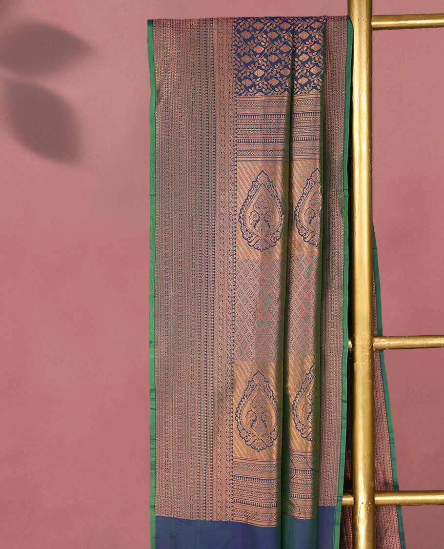 Double Shade Peacock Kancheepuram Colour Silk Brocade Saree having Brocade Body with Self Coloured Brocade Border and Blouse