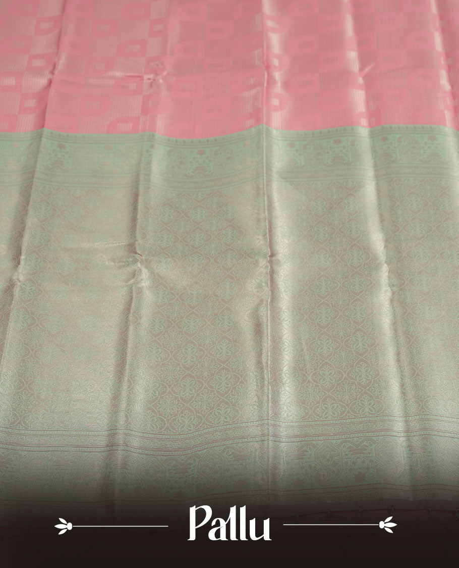 Baby Pink colour Semi Silk Saree with Self-Checked Geometric Patterns, Contrasting Silver Zari Woven Pallu and Border with Intricate Motifs and Tassels, Paired with Coordinated Blouse Piece