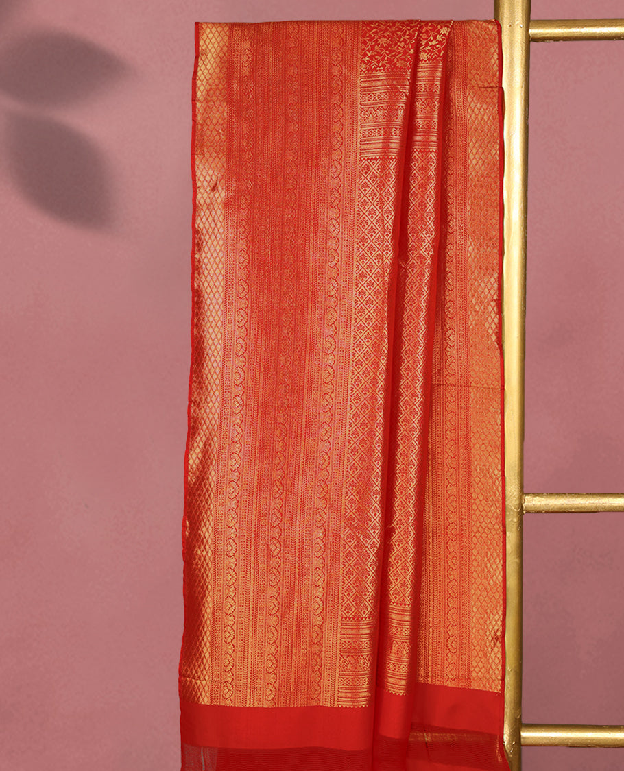 Red Kancheepuram Silk Brocade Saree having Floral Jaal Worked Body with Self Coloured Brocade Border and Blouse