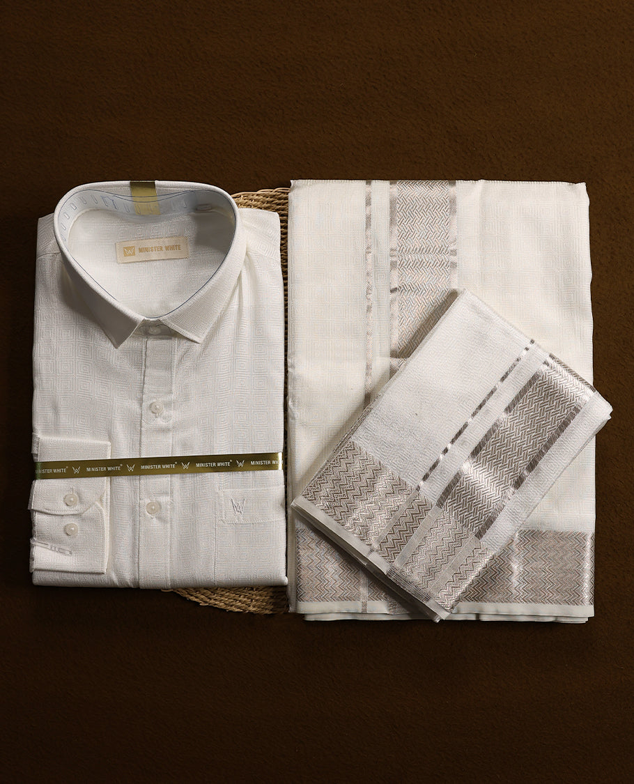 White and silver Colour silk wedding shirt, dhoti and towel set from MINISTER WHITE made from premium fabric and featuring rich zari detailing