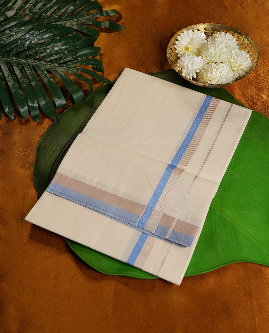 Cream Colour Pure Cotton single Dhoti with Blue and silver Colour Border for Men