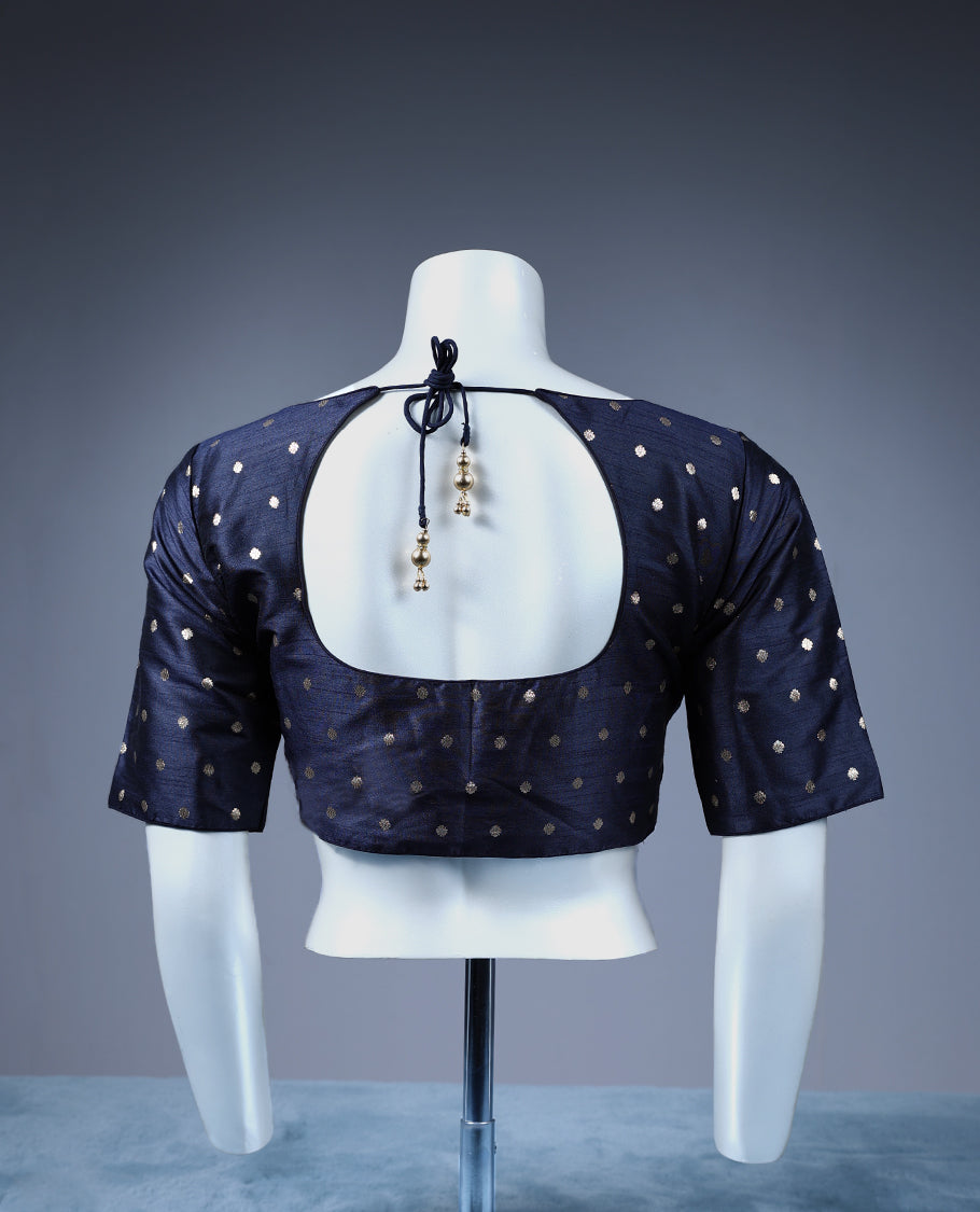Navy blue Colour Golden Round Motifs, Round Neck Design, 2/4th Sleeves, Padded, Ready Made Blouse.