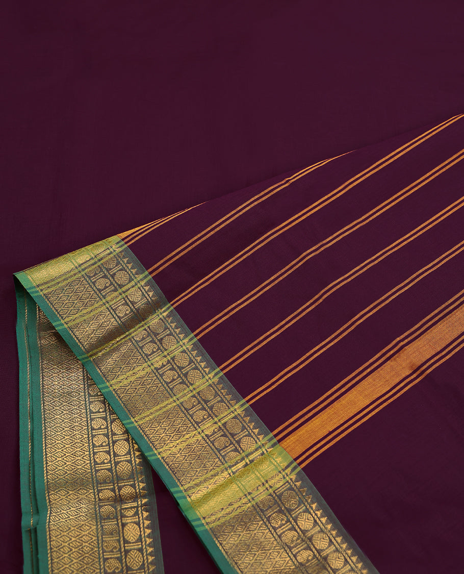 Grape Colour Mixed Chettinad Cotton Saree having plain Body with Contrast Border and Self Coloured Blouse