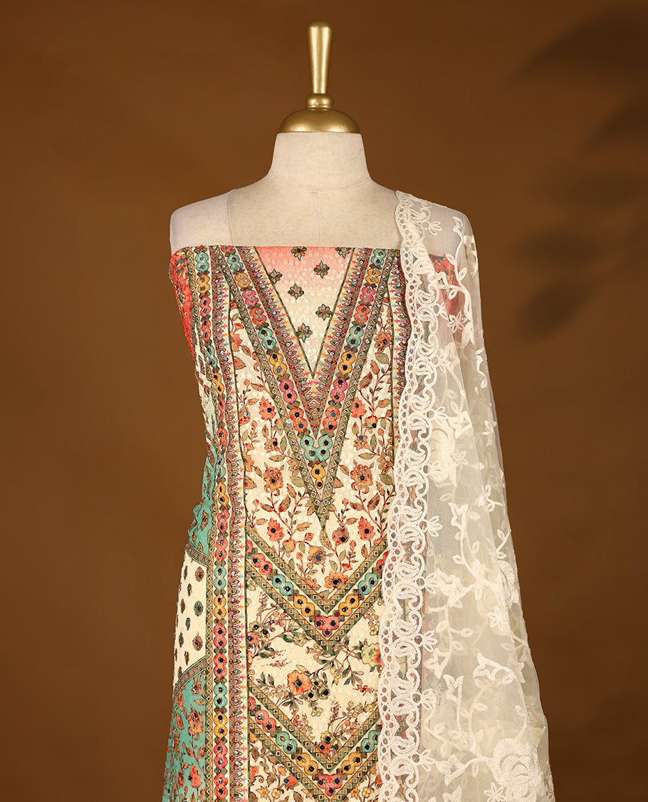 Cream Colour, Fully Mirror Worked Top having Multi Colour Prints with Bottom and Thread Worked Dupatta