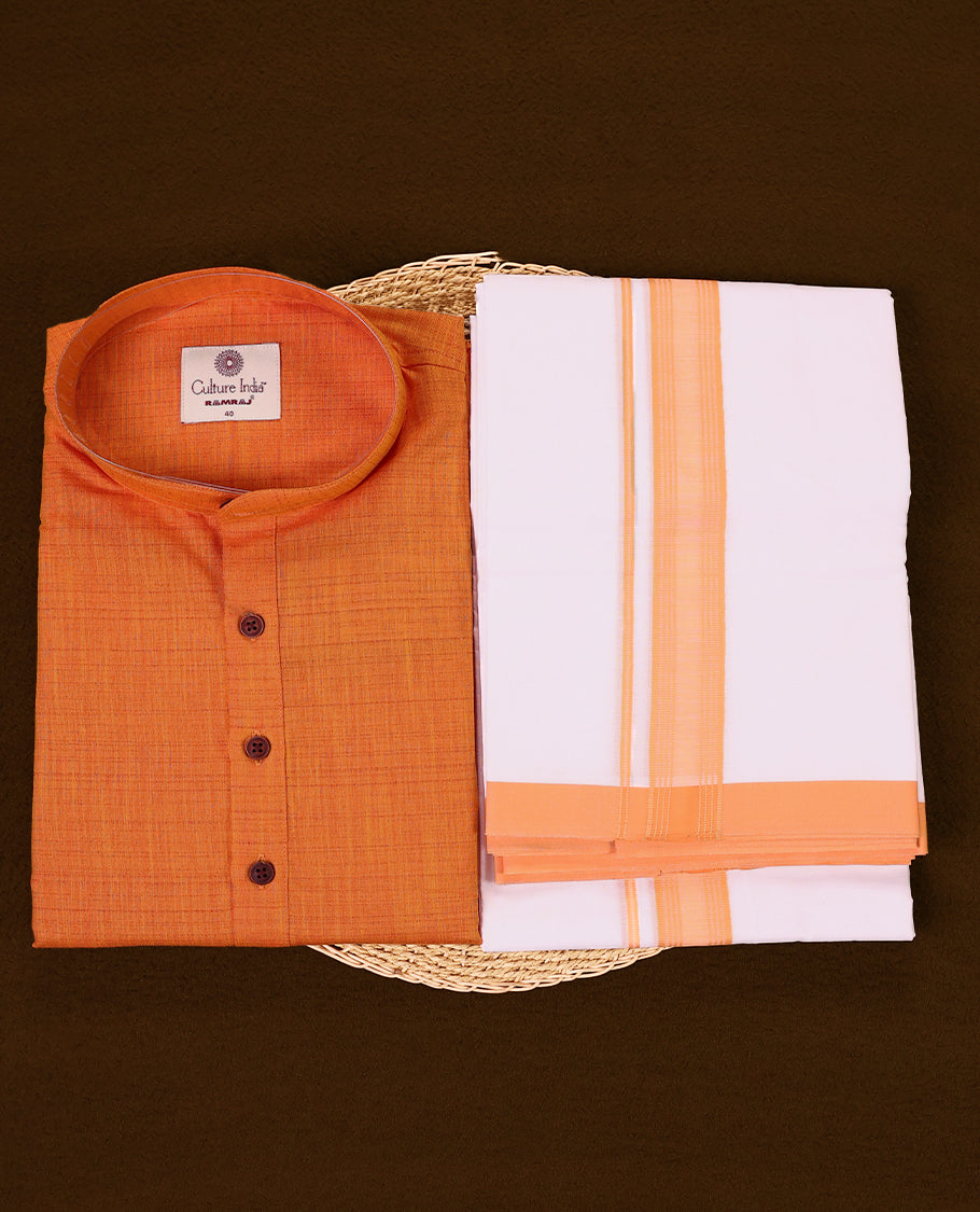Bright orange short kurta and white dhoti set featuring a coordinated orange zari border crafted for a cheerful and traditional appearance perfect for festive occasions