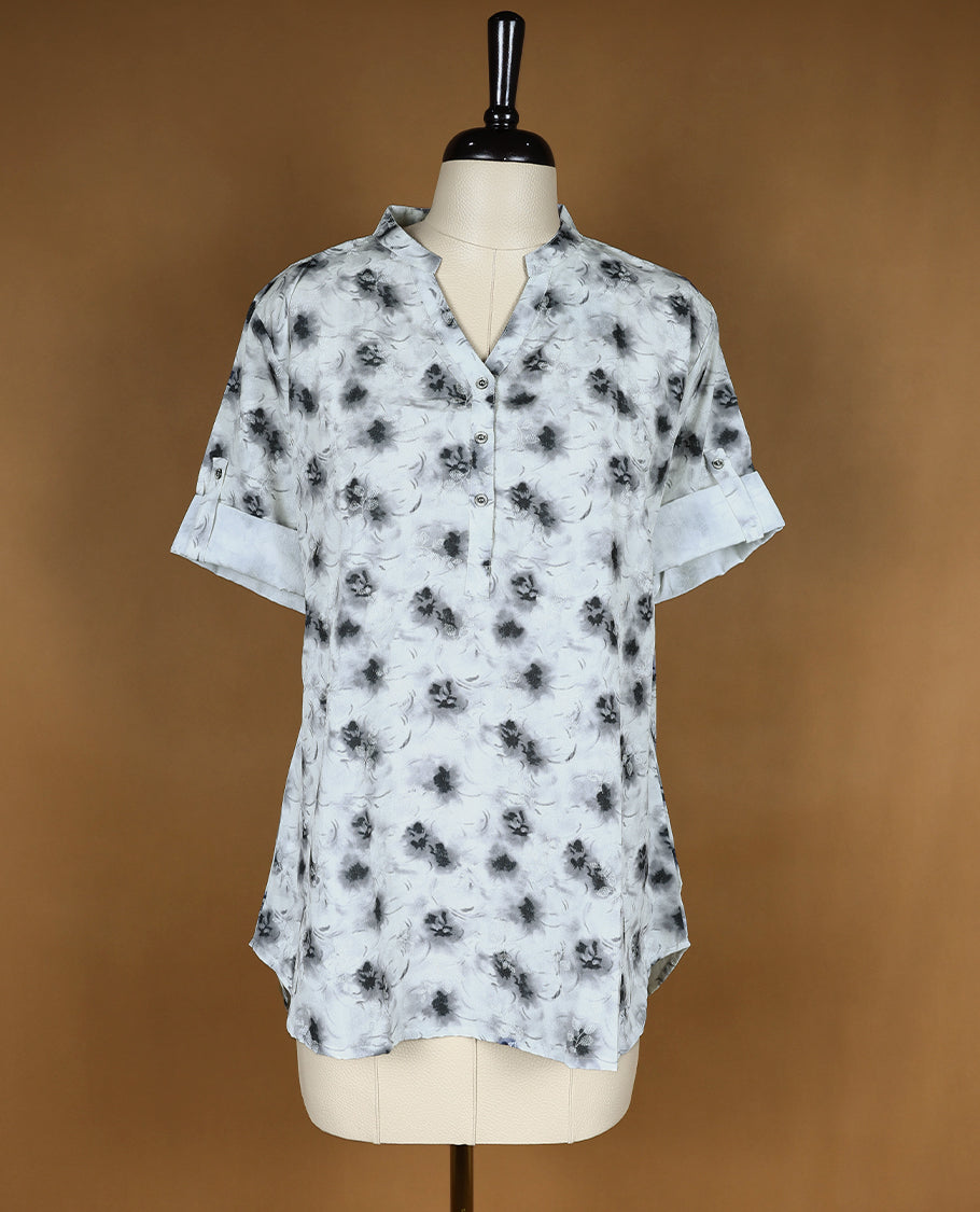 White Colour Readymade Printed Short Top For Women with 3/4th Sleeves