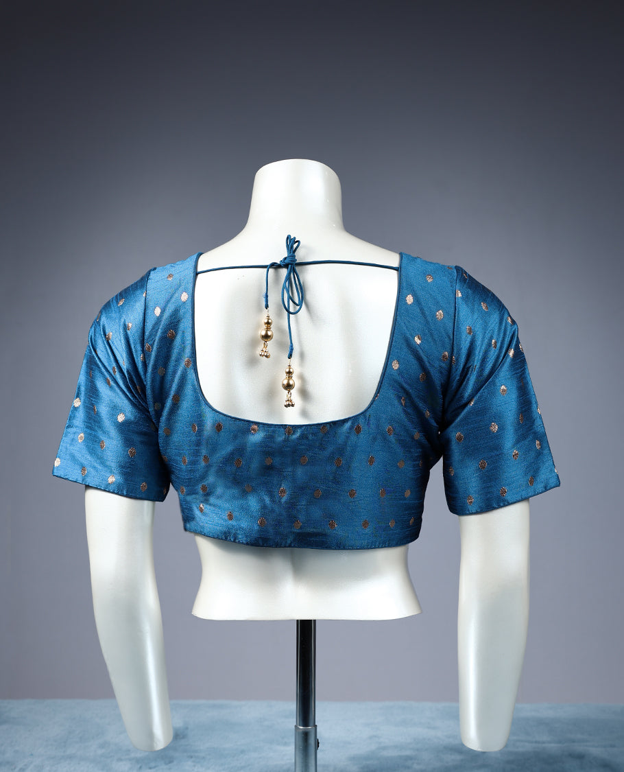 Blue Colour Golden Round Motifs, Round Neck, 2/4th Sleeves, Padded, Ready Made Blouse.