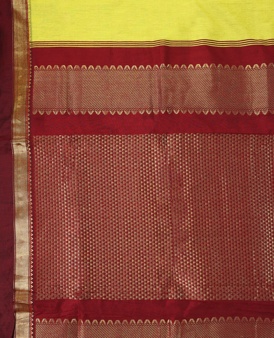 Lemon Green colour mixed Kalyani cotton saree featuring Plain body, paired with Pure Maroon colour traditional border and pallu, with matching blouse