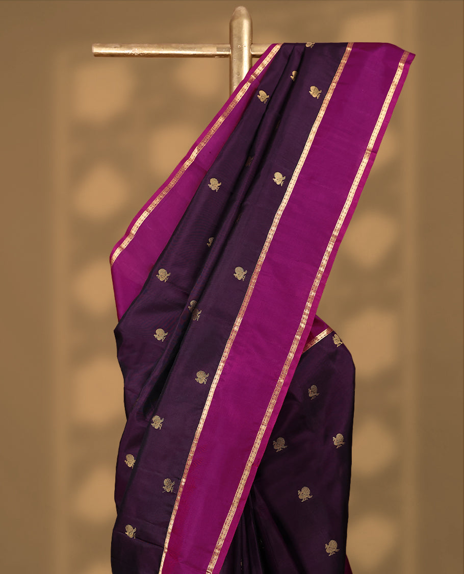 Dark Grape Colour Vasundhara Silk Saree having Peacock Buttas in Body with Contrast Colour Border and Blouse