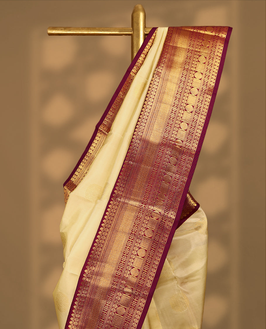 Cream Colour Vasundhara Silk Saree having Golden Round Thread Buttas in Body with Dark Red Border and Blouse