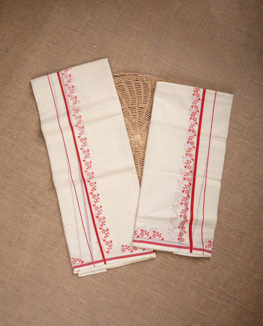 Cream colour cotton set mundu highlighting red colour border with floral print.