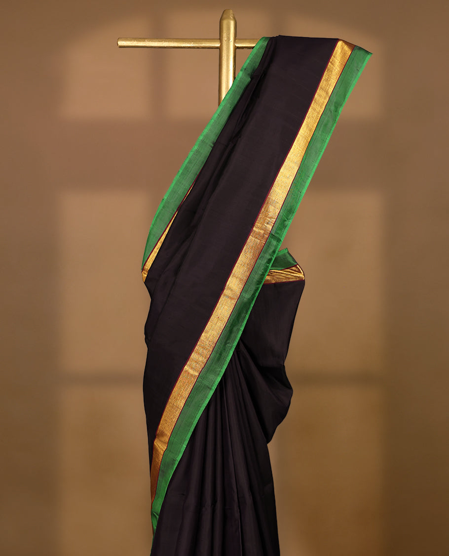 Dark Indigo Colour Pure Kancheepuram Traditional Silk Saree having Plain Body with Contrast Border and Blouse