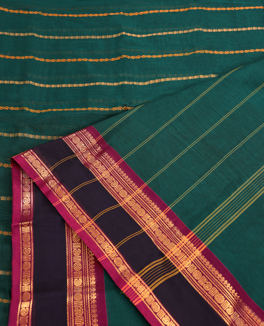 Rama Green Colour Mixed Chettinad Cotton Saree having Thread Worked Body with Contrast Border and Self Coloured Blouse