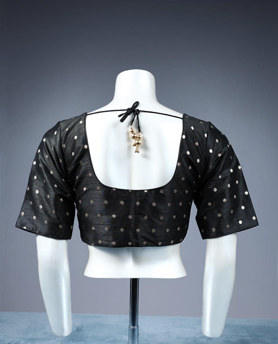 Black Colour Golden Round Motifs, Round Neck, 2/4th Sleeves, Padded, Ready Made Blouse.