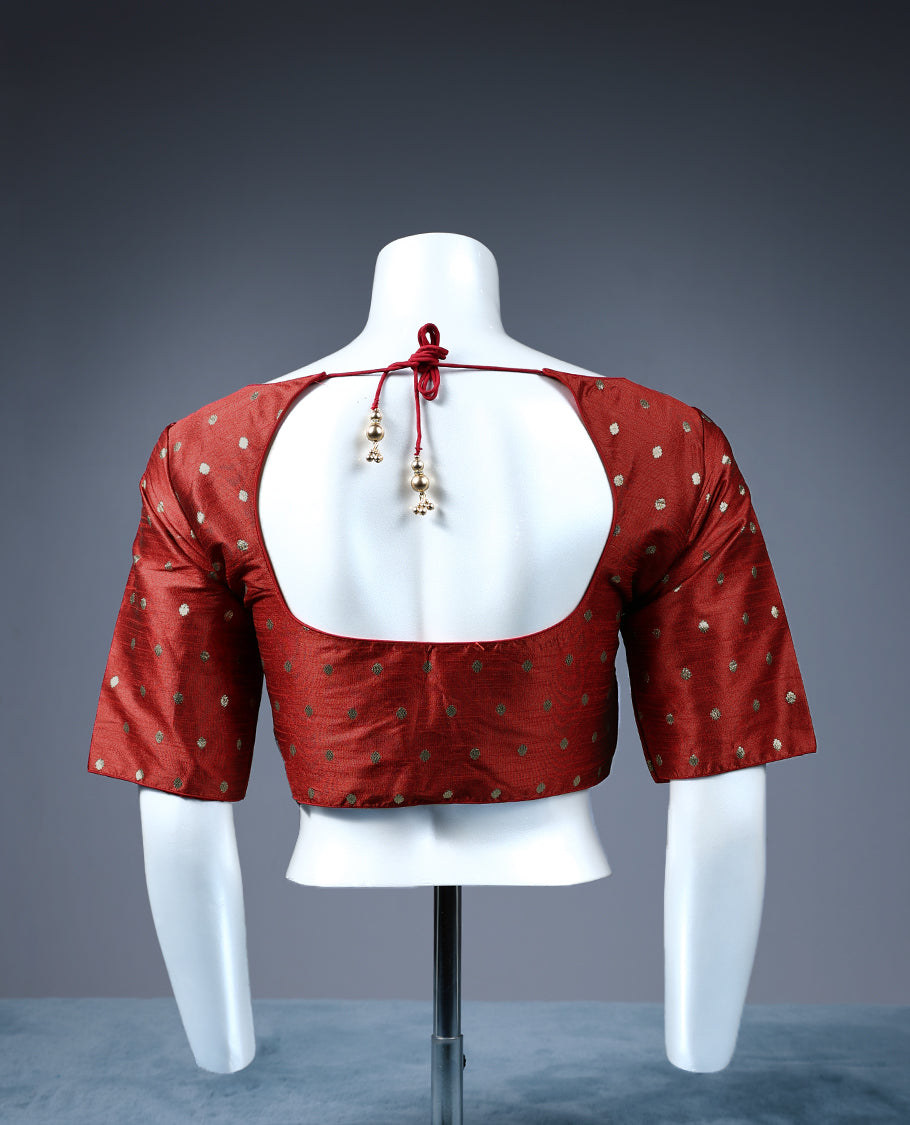 Red Colour Golden Round Motifs, Round Neck Design, 2/4th Sleeves, Padded, Ready Made Blouse.