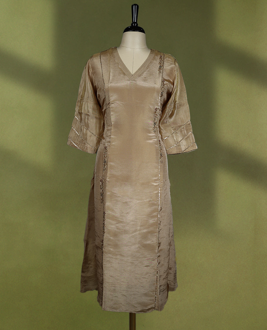Dark beige coloured stylish kurthi without slit, featuring a V neck design adorned with intricate cut bead, sequin, and thread work, for women